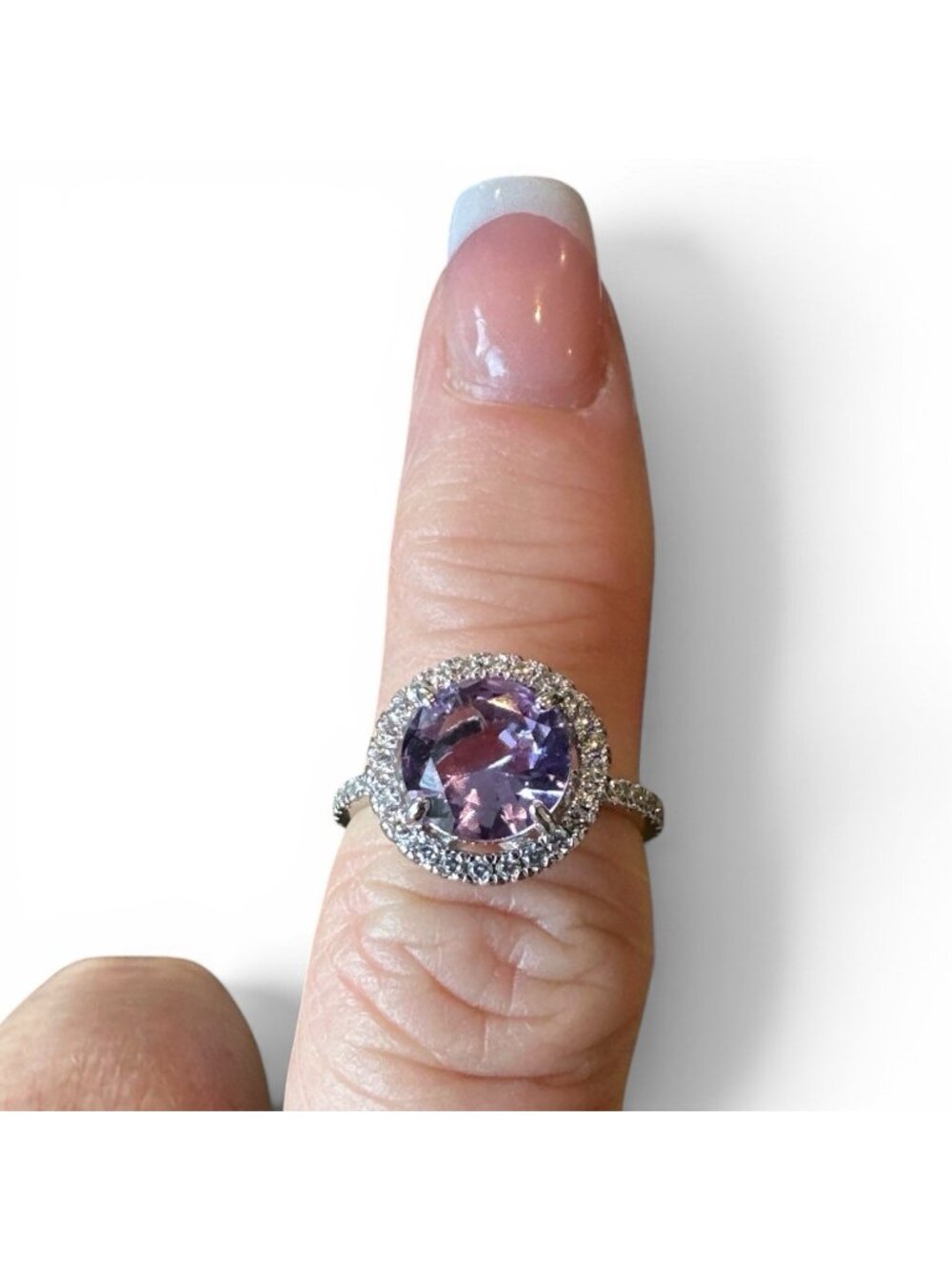 RARE Bomb Party Ring Sz 7 Violet CZ Halo Solitaire Rhodium Rhinestones down side